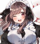 1girl apron arm_up beeftanizoko blush breasts brown_eyes brown_hair cake eyebrows_visible_through_hair food frills hair_ribbon highres holding holding_tray idolmaster idolmaster_shiny_colors juliet_sleeves large_breasts long_hair long_sleeves looking_at_viewer maid maid_apron maid_headdress necktie one_eye_closed open_mouth puffy_sleeves ribbon simple_background smile solo tray tsukioka_kogane upper_body white_apron white_background 