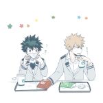  2boys ayata-haikyu bakugou_katsuki blazer blonde_hair boku_no_hero_academia collared_shirt cup disposable_cup drinking_straw fast_food freckles green_hair highres holding holding_cup jacket looking_away male_focus midoriya_izuku multiple_boys napkin necktie school_uniform shirt simple_background spiky_hair tray u.a._school_uniform white_background white_shirt wiping_face 