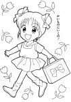  1girl bag bed_sheet boots bow bowtie child eyebrows eyebrows_visible_through_hair eyelashes flower hair_bow handbag happy highres looking_at_viewer monochrome open_mouth short_sleeves simple_background skirt sleeveless smile solo solo_focus tongue translation_request twintails walking white_background 