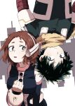  1boy 1girl boku_no_hero_academia breasts brown_eyes brown_hair couple green_eyes green_hair hair_ornament hetero highres looking_at_another mashiro_haneda messy_hair midoriya_izuku scarf scratches skyline upside-down uraraka_ochako white_background 