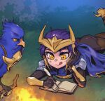  bird book league_of_legends phantom_ix_row pink_hair quinn_(league_of_legends) smile valor_(league_of_legends) writing yellow_eyes 