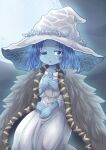  1girl blue_eyes blue_hair blue_skin cloak colonel_aki colored_skin dress elden_ring extra_arms full_moon fur_cloak hat jewelry looking_at_viewer medium_hair moon one_eye_closed parted_lips ranni_the_witch ring sitting solo wedding_band white_dress white_headwear witch_hat 