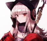  1girl animal_ears arknights axe bangs beanie black_gloves closed_mouth dora_(user_jnfr7827) dress ears_through_headwear fingerless_gloves fox_ears fox_girl frostleaf_(arknights) gloves hand_on_headphones hat headphones_over_headwear holding holding_axe holding_weapon jacket light_blush long_sleeves looking_at_viewer off-shoulder_dress off_shoulder oripathy_lesion_(arknights) oversized_clothes red_eyes red_jacket scarf simple_background sleeves_past_wrists solo upper_body weapon white_background white_hair 