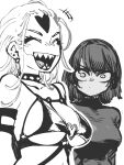  +++ 2girls :d bob_cut bondage_outfit closed_eyes closed_mouth dominatrix dot_mouth dress earrings envy frown fubuki_(one-punch_man) greyscale heart_o-ring highres jewelry kaijin_hime_do-s laughing long_hair medium_hair monochrome multiple_girls one-punch_man simple_background smile ssambatea white_background 