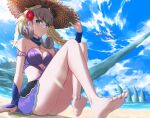  1girl barefoot beach blue_eyes breasts flower hair_flower hair_ornament hat head_wings highres melia_antiqua mercury_xeno sand silver_hair small_breasts solo straw_hat sun_hat swimsuit xenoblade_chronicles xenoblade_chronicles_(series) 