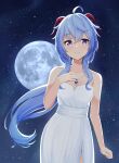  1girl ahoge bangs blue_hair blush breasts dress eyebrows_visible_through_hair full_moon ganyu_(genshin_impact) genshin_impact hand_on_own_chest highres horns jewelry long_hair looking_at_viewer medium_breasts moon necklace night night_sky plo1154 sidelocks sky smile solo standing star_(sky) starry_sky violet_eyes white_dress 