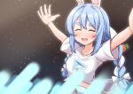  1girl blue_hair blush bunny_ears carrot glowstick hands_up hololive indoors logo short_hair simple_background smile stage stomach sweat twintails usada_pekora white_shirt 