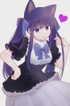  1girl :o animal_ears bakara_(19083210) bangs black_sleeves blunt_bangs bow bowtie cat_ears dress_shirt frederica_bernkastel grey_background hair_bow hand_on_hip heart kemonomimi_mode leaning_forward long_hair open_mouth pleated_skirt purple_bow purple_bowtie purple_hair shiny shiny_hair shirt short_sleeves simple_background skirt solo standing twintails umineko_no_naku_koro_ni very_long_hair violet_eyes white_shirt white_skirt 