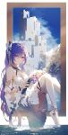  1girl absurdres bangs bare_shoulders bouquet braid building detached_sleeves double_bun dress flower genshin_impact hair_cones hair_ornament highres keqing_(genshin_impact) long_hair looking_at_viewer no_shoes purple_hair sitting sitting_in_window sky smile solo swkl:d thigh-highs twintails violet_eyes water white_dress white_legwear 