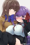  2girls artist_name bangs bb_(fate) bb_(fate/extra) blue_bow blush bow breasts brown_eyes brown_hair brown_shirt closed_mouth commentary_request eyebrows_visible_through_hair eyelashes fate/extra fate/extra_ccc fate_(series) gloves hair_between_eyes kishinami_hakuno_(female) large_breasts lips long_hair long_sleeves looking_at_viewer looking_down lying_on_person multiple_girls mzoo39 purple_hair shirt simple_background thigh-highs tsukumihara_academy_uniform_(fate/extra) twitter_username violet_eyes white_background white_gloves white_shirt yuri 