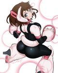  1girl absurdres artist_request ass blush bodysuit boku_no_hero_academia brown_eyes brown_hair highres looking_at_viewer looking_back short_hair smile solo uraraka_ochako 