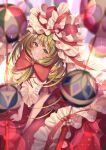  1girl absurdres bangs blurry blurry_background blurry_foreground blush bow depth_of_field dress frills front_ponytail green_eyes hat highres kagiyama_hina long_hair looking_at_viewer red_bow red_skirt ribbon short_sleeves skirt smile solo totomiya touhou 