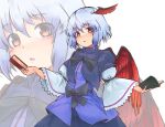  1girl blue_hair blush book cowboy_shot duplicate ginnkei head_wings holding holding_book long_sleeves looking_at_viewer pixel-perfect_duplicate red_eyes short_hair simple_background solo tokiko_(touhou) touhou white_background wings zoom_layer 