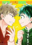  2boys bakugou_katsuki blonde_hair boku_no_hero_academia clenched_hand freckles green_hair highres looking_at_another male_focus midoriya_izuku multiple_boys profile red_eyes scar scar_on_arm scar_on_hand smile spiky_hair star_(symbol) teeth twitter_username ume_(326310) vs yellow_background 