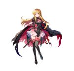  1girl absurdres alternate_costume armor bangs black_footwear black_gloves blonde_hair blush boots breasts brown_eyes cape cleavage_cutout closed_mouth clothing_cutout commentary_request elbow_gloves fire_emblem fire_emblem:_genealogy_of_the_holy_war fire_emblem_heroes full_body gloves gradient gradient_clothes hand_on_own_chest highres lachesis_(fire_emblem) long_hair looking_at_viewer medium_breasts official_art satoupote sheath sheathed shiny shiny_hair shoulder_armor simple_background smile sword thigh-highs thigh_boots torn_cape torn_clothes weapon white_background zettai_ryouiki 