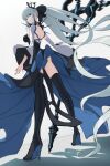  1girl bangs black_bow black_dress black_footwear blue_eyes boots bow braid breasts dress fate/grand_order fate_(series) french_braid grey_hair hair_bow high_heel_boots high_heels highres ichi_yoshida large_breasts long_hair long_sleeves looking_at_viewer looking_back morgan_le_fay_(fate) pelvic_curtain ponytail sidelocks solo spikes staff thigh-highs thigh_boots tiara two-tone_dress very_long_hair white_dress wide_sleeves 
