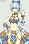  1girl armor back_bow bare_shoulders blue_hair bow breasts choker gofelem high_ponytail long_hair looking_at_viewer meru_(dragoon) midriff navel open_mouth ponytail red_eyes simple_background smile solo the_legend_of_dragoon 