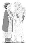  2girls barefoot daki_(kimetsu_no_yaiba) frustrated greyscale japanese_clothes kamado_nezuko kimetsu_no_yaiba kimono monochrome multiple_girls smile tied_hair white_hair 