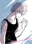  1girl bakugou_katsuki black_tank_top boku_no_hero_academia collarbone male_focus monochrome red_eyes solo spiky_hair spot_color tank_top twitter_username ume_(326310) 