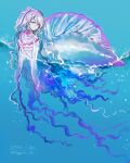  1girl blue_background blue_skin colored_skin curly_hair highres hogara in_water jellyfish jellyfish_girl looking_to_the_side monster_girl ocean original pink_eyes portuguese_man_o&#039;_war swimming tendril tentacles translucent translucent_hair translucent_skin water 