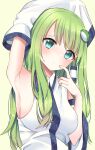  1girl arm_up armpits bangs bare_shoulders blue_eyes blush breasts closed_mouth collared_shirt commentary_request detached_sleeves eyebrows_visible_through_hair eyelashes frog_hair_ornament green_hair hair_between_eyes hair_ornament hair_tubes hands_up highres kochiya_sanae long_hair long_sleeves looking_at_viewer medium_breasts shirt simple_background snake_hair_ornament solo stigma1101 touhou upper_body white_shirt wide_sleeves yellow_background 