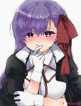  1girl artist_name bangs bb_(fate) bb_(fate/extra) blush breasts coat commentary_request covered_mouth eyebrows_visible_through_hair eyelashes fate/extra fate/extra_ccc fate_(series) gloves large_breasts long_hair long_sleeves looking_at_viewer mzoo39 purple_hair red_ribbon ribbon shirt simple_background solo sweatdrop twitter_username upper_body violet_eyes white_background white_gloves white_shirt 