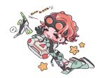  1girl ^_^ apex_legends black_gloves blush chibi closed_eyes drone gloves goggles goggles_on_head hack_(apex_legends) horizon_(apex_legends) musical_note ochinashi open_mouth orange_hair science_fiction smile solo spacesuit speech_bubble spoken_musical_note star_(symbol) waving white_background 
