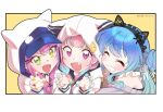  3girls animal_ears animal_hood aqua_nails baseball_cap blue_hair blush_stickers border breasts cat_ears claw_pose closed_eyes fake_animal_ears fang green_eyes grin hair_ornament hairband hairclip hat hololive hood hood_up hoshimachi_suisei hug jacket komipe512 looking_at_viewer minato_aqua multicolored_hair multicolored_nails multiple_girls off-shoulder_sweater off_shoulder open_clothes open_jacket outside_border pink_hair red_nails smile sweater tokoyami_towa twintails twitter_username two-tone_hair upper_body violet_eyes virtual_youtuber yellow_nails 