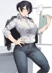  1girl absurdres bangs black_bra black_hair black_jacket blue_pants bra bra_visible_through_clothes breasts buttons collared_shirt commentary_request denim dress_shirt hand_on_hip highres holding holding_tablet_pc jacket jacket_on_shoulders jeans kyoyakyo large_breasts legs_apart looking_at_viewer original pants parted_lips see-through_shirt shirt shirt_tucked_in short_hair short_ponytail solo speech_bubble standing tablet_pc translated underwear violet_eyes white_shirt wings 