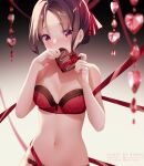  1girl artist_name black_hair blurry blush bra breasts candy chocolate commentary covered_mouth depth_of_field food gradient gradient_background hands_up heart heart-shaped_chocolate kaguya-sama_wa_kokurasetai_~tensai-tachi_no_renai_zunousen~ navel panties patreon_username red_bra red_eyes red_nails red_panties red_ribbon ribbon rimuu shinomiya_kaguya small_breasts solo stomach tied_hair twitter_username underwear upper_body web_address 