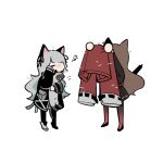  2girls ahoge animal animal_ears arknights black_footwear black_jacket black_legwear black_ribbon black_shirt black_skirt brown_hair cat cat_ears cat_girl cat_tail chibi ear_piercing gradient gradient_legwear grey_footwear hair_ribbon holding holding_animal holding_cat holding_clothes holding_jacket jacket jacket_removed lelioz long_sleeves mint_(arknights) multiple_girls piercing red_legwear ribbon rubbing_eyes shedding shirt simple_background skirt skyfire_(arknights) tail white_background 