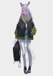  1girl 38_(sanjuuhachi) absurdres arm_at_side backpack bag black_footwear black_jacket closed_mouth ear_bow full_body grey_background hand_in_own_hair highres holding holding_bag horse_girl jacket long_hair looking_at_viewer mejiro_mcqueen_(umamusume) open_clothes open_jacket panties platform_boots purple_hair shirt simple_background smile solo standing striped striped_shirt umamusume underwear violet_eyes white_panties white_shirt 