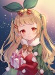  1girl azur_lane bell blonde_hair box cape christmas_present commission commissioner_upload dress earrings fur-trimmed_cape fur-trimmed_gloves fur_trim gift gift_box gloves green_cape green_ribbon hair_ornament hair_ribbon hairclip highres holding holding_gift jenkins_(azur_lane) jenkins_(light_of_the_holiest_star)_(azur_lane) jewelry long_hair looking_at_viewer official_alternate_costume red_dress red_eyes red_gloves reimin ribbon skeb_commission smile solo star_(symbol) strapless strapless_dress wavy_hair yellow_ribbon 