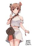  1girl artist_name brown_eyes brown_hair cowboy_shot dated double_bun highres kantai_collection midriff official_alternate_costume owa_(ishtail) shirt short_hair simple_background skirt solo standing tan_yang_(kancolle) white_background white_shirt white_skirt yukikaze_(kancolle) 