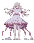  1girl bare_shoulders brown_eyes dress ebisu_eika full_body grey_hair highres kame_(kamepan44231) long_earlobes long_hair one-hour_drawing_challenge outstretched_arms rock short_sleeves simple_background solo spread_arms standing touhou white_background white_dress 