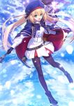  1girl artoria_pendragon_(caster)_(fate) artoria_pendragon_(fate) bangs belt black_bow black_gloves black_legwear blonde_hair blue_belt blue_bow blue_cape blue_headwear blue_sky bow bowtie buttons cape clouds commentary_request dress eyebrows_visible_through_hair fate/grand_order fate_(series) gloves gold_trim hair_between_eyes hair_bow hat highres holding holding_staff holding_weapon long_hair looking_at_viewer neko_daruma open_mouth pantyhose sky smile solo staff twintails weapon white_dress 