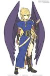  1girl blonde_hair boots breasts breath_of_fire breath_of_fire_ii bridal_gauntlets closed_mouth dress feathered_wings full_body gofelem knee_boots long_hair looking_at_viewer nina_(breath_of_fire_ii) purple_wings simple_background smile solo white_background wings 