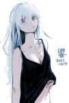  1girl black_dress blue_eyes breasts closed_mouth dated dress grey_hair hair_between_eyes hair_over_eyes hibiki_(kancolle) highres kantai_collection kappa_modoki long_neck messy_hair signature silver_hair sleeveless sleeveless_dress small_breasts white_background white_hair 