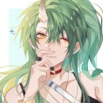  1girl arknights bangs bare_shoulders chinese_commentary choker collarbone commentary_request eyebrows_visible_through_hair green_hair hair_between_eyes hand_up highres horns hoshiguma_(arknights) long_hair looking_at_viewer one_eye_closed portrait red_choker rinro.lll_(rinrolll) single_horn solo yellow_eyes 