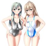  2girls absurdres clothes_writing competition_swimsuit cowboy_shot green_eyes grey_swimsuit hair_ornament hairclip hands_on_hips highres kantai_collection kumano_(kancolle) leaning_forward long_hair looking_at_viewer multicolored_clothes multicolored_swimsuit multiple_girls one-piece_swimsuit silver_hair simple_background suzuya_(kancolle) swimsuit takafumi umbrella white_background white_swimsuit 