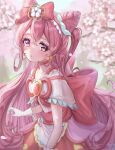  1girl apron bangs blurry blurry_background bow capelet choker cure_precious daopon delicious_party_precure earrings flower gloves hair_bow heart highres jewelry long_hair looking_at_viewer nagomi_yui outdoors parted_lips pink_choker pink_eyes pink_flower pink_hair precure red_bow solo waist_apron white_capelet white_flower white_gloves 