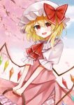  1girl bangs basket blonde_hair blue_sky blush bow bowtie cherry_blossoms clouds cloudy_sky crystal eyebrows_visible_through_hair eyelashes fang flandre_scarlet flower frills grey_shirt hair_between_eyes hat hat_bow highres jewelry looking_at_viewer mob_cap multicolored_wings one_side_up open_mouth pink_flower pink_skirt pink_vest puffy_short_sleeves puffy_sleeves red_bow red_bowtie red_eyes shirt short_hair short_sleeves skirt sky smile solo standing tongue touhou tree vest white_headwear wings 