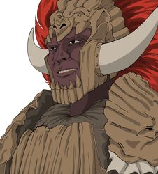  1boy absurdres armor black_eyes dark-skinned_male dark_skin elden_ring fake_horns full_armor gigachad_(meme) grin helmet highres horned_helmet horns male_focus meme notjapanesesushi pauldrons redhead shoulder_armor simple_background smile solo starscourge_radahn white_background 