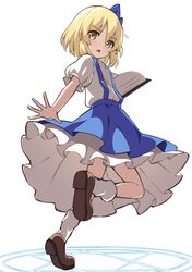  1girl alice_margatroid alice_margatroid_(pc-98) blonde_hair blue_bow blue_skirt book bow brown_footwear hair_bow highres holding holding_book kochi_michikaze shirt skirt socks solo suspenders touhou white_background white_shirt yellow_eyes 