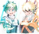  2boys bakugou_katsuki blonde_hair bodysuit boku_no_hero_academia freckles gloves green_bodysuit green_hair looking_at_viewer male_focus mask mask_removed midoriya_izuku multiple_boys open_mouth orange_gloves reaching_out red_eyes smile spiky_hair unou_(unou_mha) white_background white_gloves 