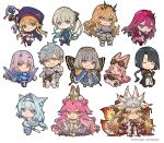  3boys 6+girls :d animal_ear_fluff animal_ears armor artoria_pendragon_(caster)_(fate) artoria_pendragon_(fate) bangs black_bow black_dress blonde_hair blue_eyes blue_hair blunt_bangs bow braid butterfly_wings cape chibi chinese_clothes closed_eyes closed_mouth copyright crossed_legs diamond_hairband dobrynya_nikitich_(fate) dress fairy_knight_gawain_(fate) fairy_knight_lancelot_(fate) fairy_knight_tristan_(fate) fate/grand_order fate_(series) fox_ears french_braid fur-trimmed_cape fur_trim gloves green_eyes grey_eyes grey_hair habetrot_(fate) hair_between_eyes hair_bow hair_intakes hand_on_hip hands_on_hips hat holding holding_staff japanese_clothes koyanskaya_(fate) koyanskaya_(lostbelt_beast:iv)_(fate) leg_up long_hair long_sleeves low_ponytail morgan_le_fay_(fate) multiple_boys multiple_girls multiple_tails nozaki_tsubata oberon_(fate) official_art open_mouth percival_(fate) pink_gloves pink_hair pointy_ears ponytail short_hair sidelocks simple_background smile staff tai_gong_wang_(fate) tail tamamo_(fate) very_long_hair watson_cross white_background wide_sleeves wings yellow_eyes 