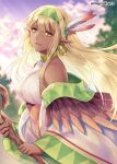  1girl bangs bare_shoulders blonde_hair blurry blurry_background brown_eyes clouds cloudy_sky commission dark-skinned_female dark_skin depth_of_field eyebrows_visible_through_hair feather_hair_ornament feathers hagino_kouta hair_between_eyes hair_ornament holding holding_staff long_hair long_sleeves looking_at_viewer original outdoors parted_lips pointy_ears red_feathers shirt skeb_commission sky sleeveless sleeveless_shirt sleeves_past_wrists smile solo staff sunset twitter_username very_long_hair white_feathers white_shirt wide_sleeves 