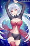  1girl arms_up artist_name breasts commission elf hagino_kouta highres large_breasts long_hair looking_at_viewer nail_polish navel original pointy_ears red_eyes red_legwear red_nails silver_hair skeb_commission smile solo thigh-highs twitter_username very_long_hair 