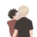  2boys ayata-haikyu bakugou_katsuki black_shirt blonde_hair boku_no_hero_academia freckles from_behind green_hair highres hood hood_down hoodie male_focus midoriya_izuku multiple_boys red_hoodie scar_on_hand shirt simple_background spiky_hair whispering white_background 