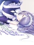  1girl ak-12_(girls&#039;_frontline) arm_up bangs breasts closed_eyes closed_mouth eyebrows_visible_through_hair filha flower girls_frontline large_breasts lavender_(flower) light_purple_hair lips long_hair lying maid maid_headdress medium_breasts on_floor smile solo white_background 